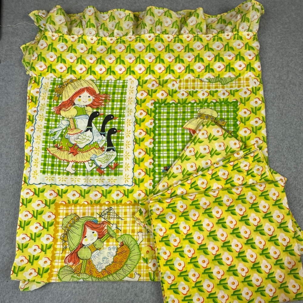 Vintage Sears Perma-Prest Holly Hobbie Style Yellow Floral Valance & Panels Set